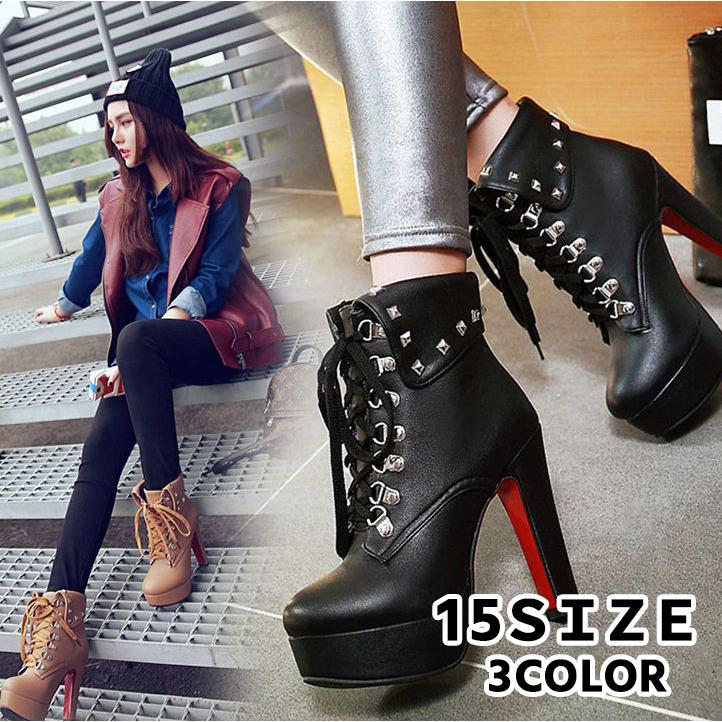 ショートブーツ レースアップブーツ 厚底ブーツ 編み上げブーツ レディース 靴 秋冬 ショート丈 ストーム付き ハイヒール スタッズ レッドソール カ Kutu おとりよせ Com 通販 Yahoo ショッピング