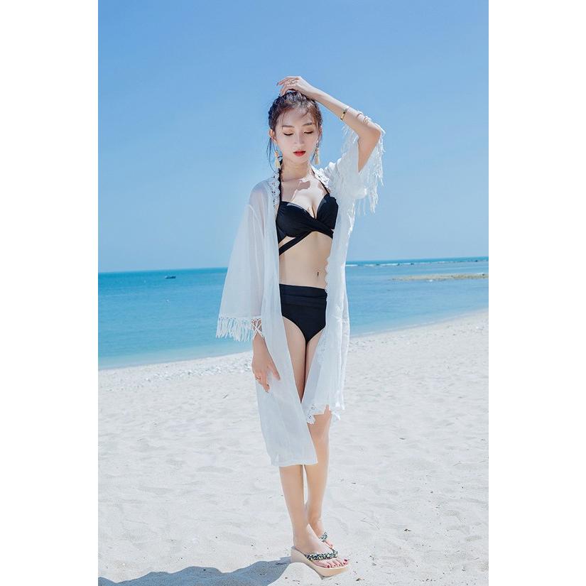 水着カバーアップ 水着の上に 羽織り ビーチウエア 七分袖 膝丈 シースルー 透け感 レディース ミディアム丈 ミディ丈 袖口フリンジ タッセル 体型 L Wd002 おとりよせ Com 通販 Yahoo ショッピング