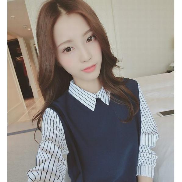 重ね着風 フェイクレイヤード ストライプ 長袖 シャツ ブラウス ベスト シャツ レディース トップス Mjxjn A006 おとりよせ Com 通販 Yahoo ショッピング