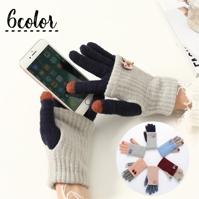 手袋 スマホ対応 レディース 女性 ファッション小物 5本指 ニット スマートフォン対応 2way ツートンカラー リボン ラインストーン ふわふわ Oth おとりよせ Com 通販 Yahoo ショッピング