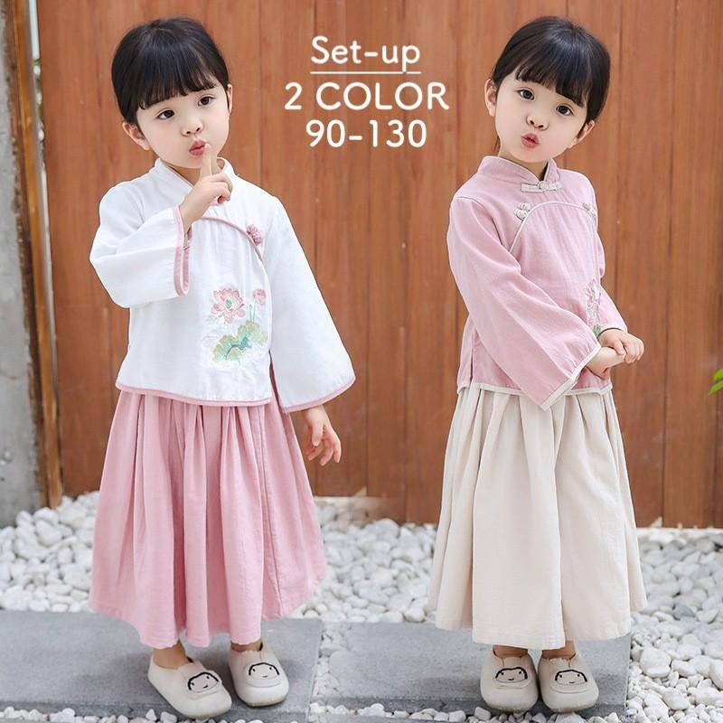 セットアップ 上下セット 長袖トップス スカート キッズ 子供服 女の子 春服 花柄 刺繍 中国風 民族衣装風 チャイナ風 Aラインスカート かわいい Set おとりよせ Com 通販 Yahoo ショッピング