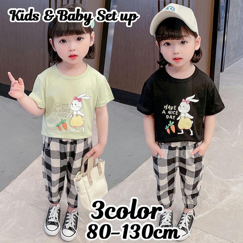 セットアップ 上下セット 半袖カットソー ロングパンツ 子供服 キッズ ベビー 女の子 男の子 Tシャツ ラウンドネック イラスト プリント ウサギ Set 055 おとりよせ Com 通販 Yahoo ショッピング