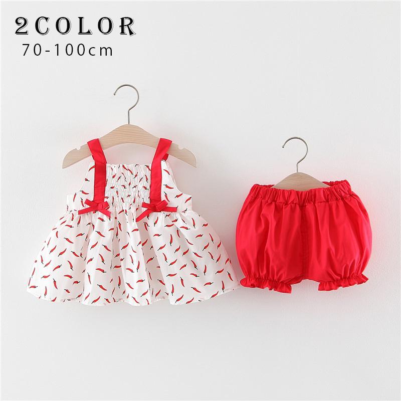 ベビー服 ベビーウェア サスペンダースカート ワンピース セットアップ風 ノースリーブ 短パン ショートパンツ リボン トウガラシ 赤 かわいい カジ Set おとりよせ Com 通販 Yahoo ショッピング