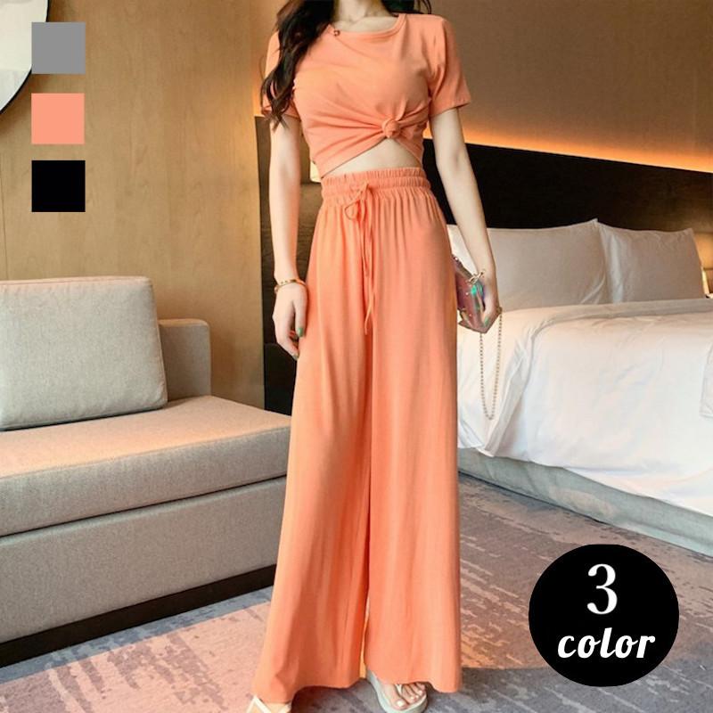 セットアップ 上下セット 半袖tシャツ ロングパンツ レディース 夏服 クルーネック ワイドパンツ 無地 おしゃれ 部屋着 お出かけ おしゃれ 女の子 Set 052 おとりよせ Com 通販 Yahoo ショッピング