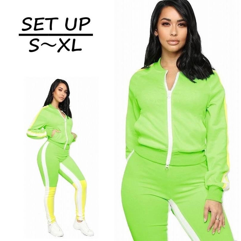 上下セット セットアップ ダンス フィットネス ウェア ジャージ 衣装 派手 ネオン バイカラー 長袖 長ズボン ジップアップ ヨガ ルームウェア 部 Set おとりよせ Com 通販 Yahoo ショッピング