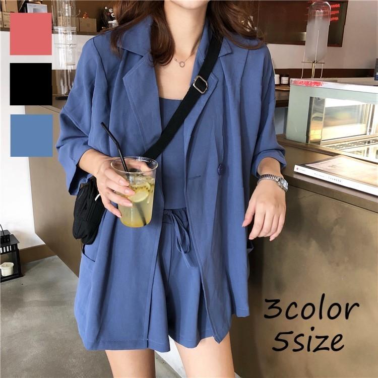 セットアップ 3点セット テーラードジャケット ショートパンツ キャミソール 無地 羽織 半袖 薄手 スーツ ビッグシルエット Set おとりよせ Com 通販 Yahoo ショッピング