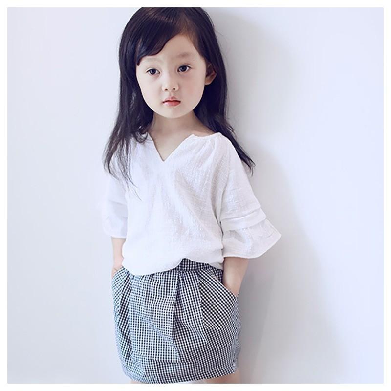 キッズ服 子供服 キッズウェア セットアップ ツーピース 半袖 七分袖 リネン風 ギンガムチェック 格子 Vネック ミニスカート タック ラフ