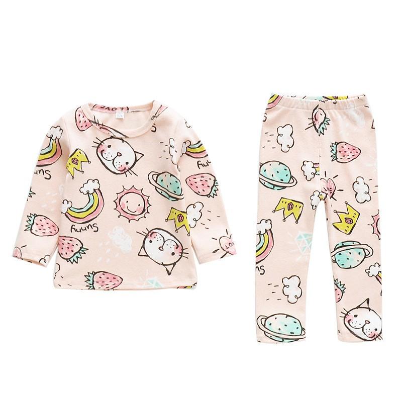 パジャマ キッズ 上下セット ルームウェア 女の子 子供用 長袖 長ズボン ネコ イチゴ 虹 イラスト 丸首 かわいい ピンク Set おとりよせ Com 通販 Yahoo ショッピング