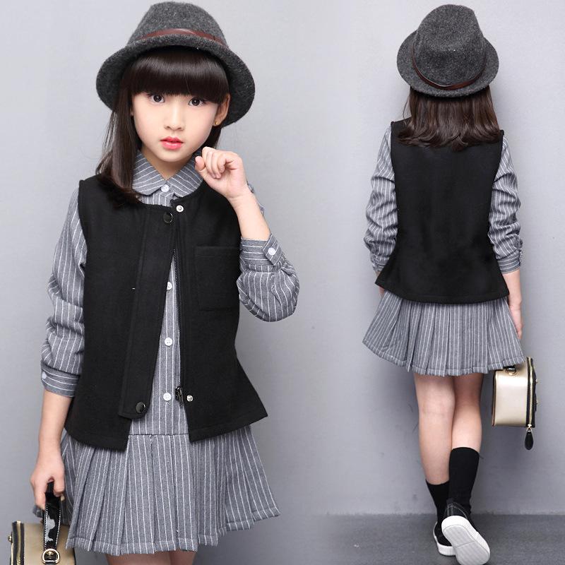 セットアップ シャツワンピース プリーツワンピース ミニワンピース ベスト ジレ 子供服 女の子 女児 キッズ 小学生 秋冬 長袖 ストライプ柄 襟付 Set おとりよせ Com 通販 Yahoo ショッピング