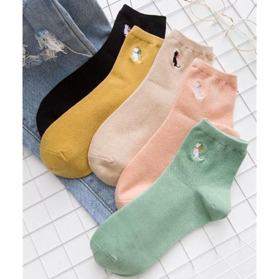 靴下 ソックス クルーソックス レディース 女性 インナー 刺繍入り イラスト入り 猫 キャット かわいい ミッド丈 無地 シンプル おしゃれ カジュ Sox 185 おとりよせ Com 通販 Yahoo ショッピング