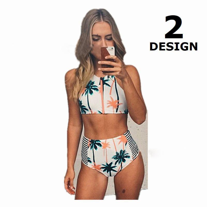 ビキニ 水着 セパレート水着 レディース 女性用水着 セパレート ハイウエスト ファスナー ハイネック ビスチェ ボタニカル柄 ヤシの木柄 ボーダー柄 Swim おとりよせ Com 通販 Yahoo ショッピング