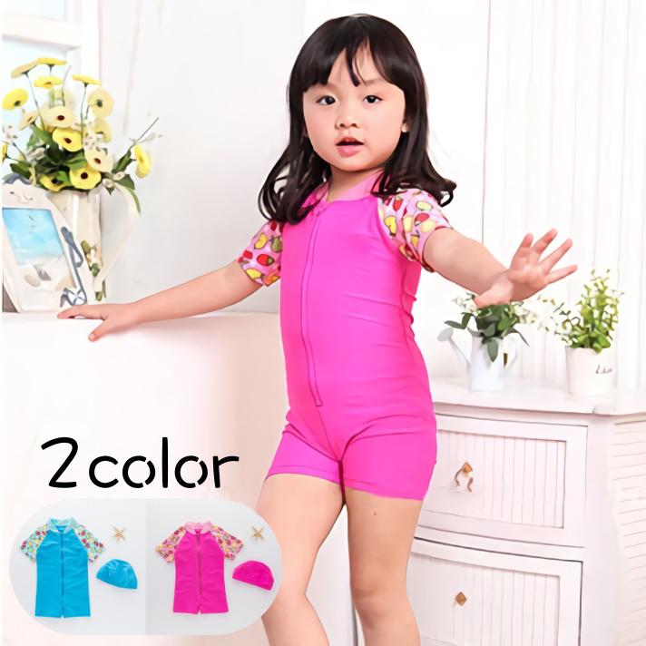 水着 オールインワン 2点セット 子供用 キッズ 女の子 水泳帽 ラッシュガード スイムウェア 半袖 短パン フルーツ イラスト ビビッドカラー つな Swim おとりよせ Com 通販 Yahoo ショッピング