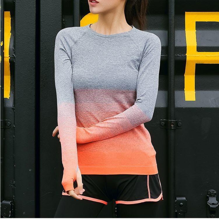 トレーニングウェア レディース フィットネス ジム トップス 長袖 グラデーション スポーツウェア ラウンドネック 指穴 おしゃれ Top おとりよせ Com 通販 Yahoo ショッピング