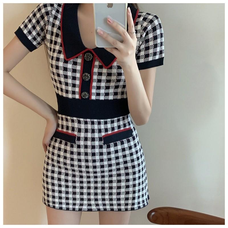 ワンピース 半袖 襟付き チェック柄 Vネック ショート丈 ミニスカート レトロ タイト かわいい セクシー ワンサイズ 黒 夏服 女性 レディース Top おとりよせ Com 通販 Yahoo ショッピング