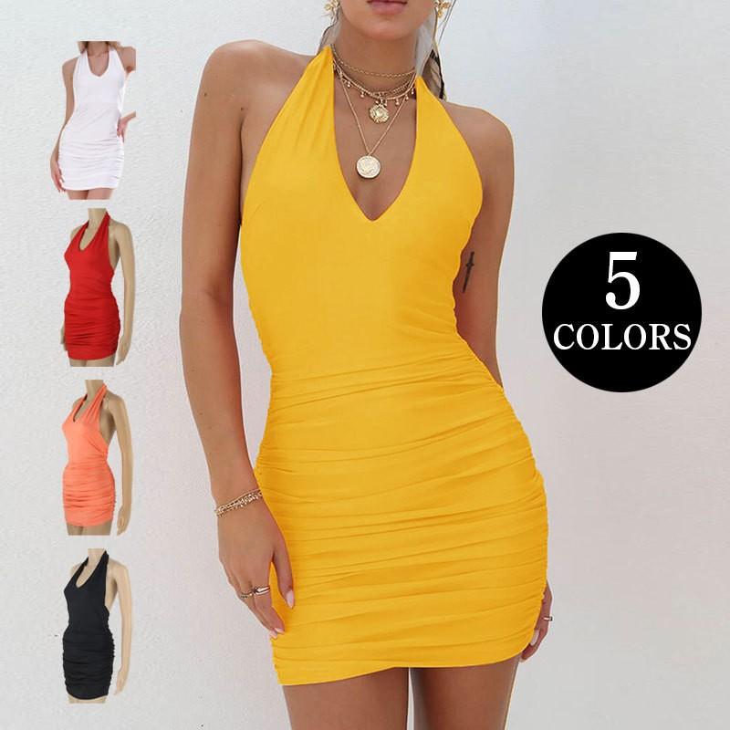 ワンピース レディース ミニ丈 ショート丈 Vネック ノースリーブ ホルターネック オープンバック スリム フィット タイト 無地 シンプル 単色 セ Top おとりよせ Com 通販 Yahoo ショッピング