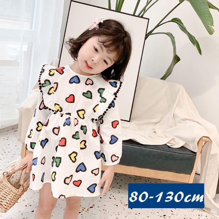ワンピース キッズ 子供 フリル 長袖 ひざ上丈 ハート カラフル かわいい ラウンドネック 丸首 お出かけ おしゃれ 女の子 Top おとりよせ Com 通販 Yahoo ショッピング