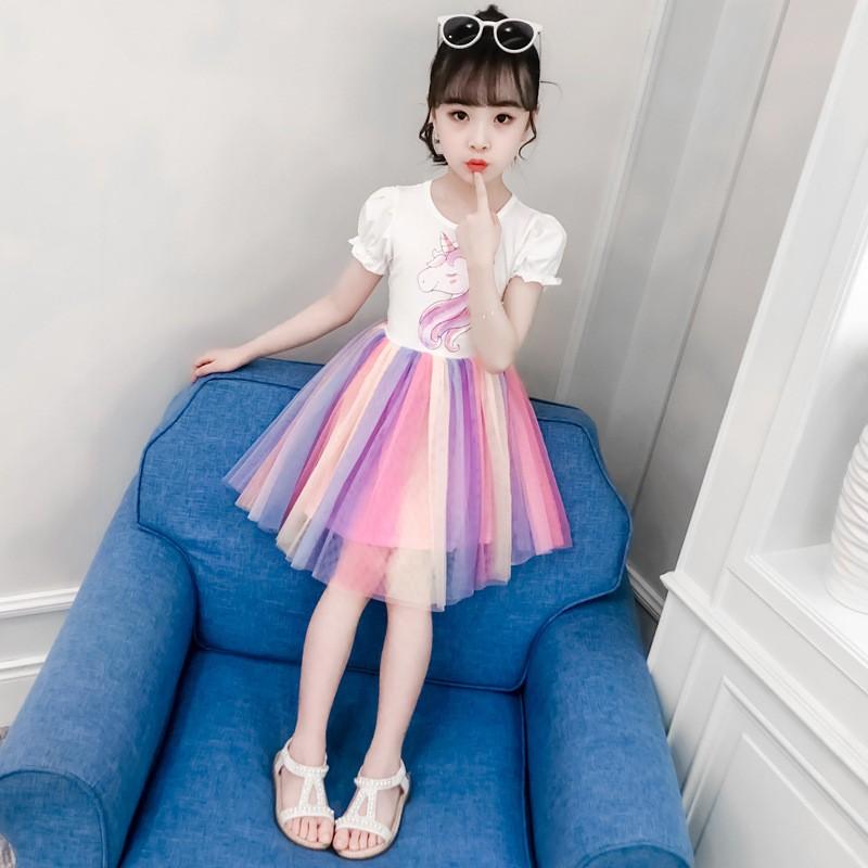 ワンピース 子供服 キッズ ジュニア 女の子 半袖 パフスリーブ ラウンドネック チュールスカート レインボーカラー ユニコーン プリンセス風 夏服 Top おとりよせ Com 通販 Yahoo ショッピング