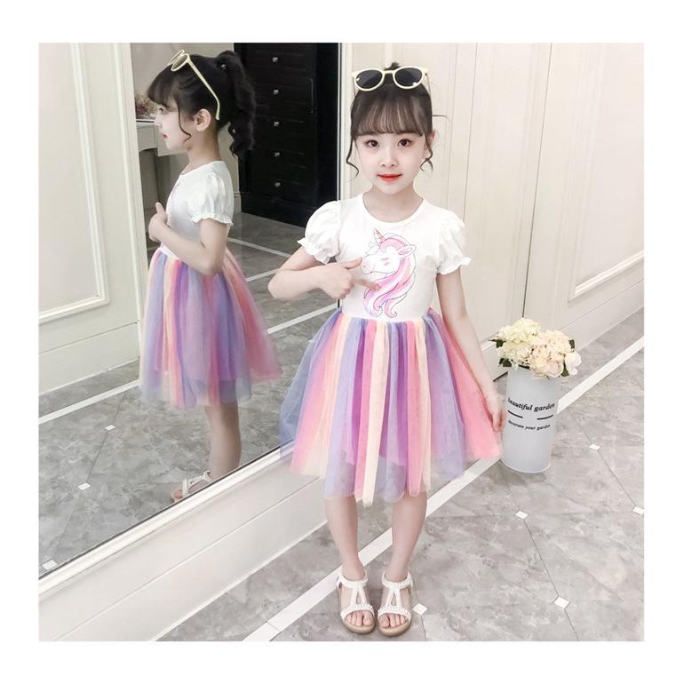 ワンピース 子供服 キッズ ジュニア 女の子 半袖 パフスリーブ ラウンドネック チュールスカート レインボーカラー ユニコーン プリンセス風 夏服 Top おとりよせ Com 通販 Yahoo ショッピング
