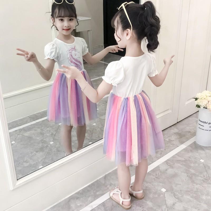 ワンピース 子供服 キッズ ジュニア 女の子 半袖 パフスリーブ ラウンドネック チュールスカート レインボーカラー ユニコーン プリンセス風 夏服 Top おとりよせ Com 通販 Yahoo ショッピング