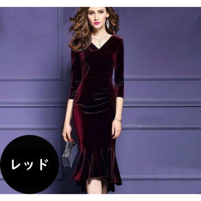 ワンピース 7分袖 ベロア ワンピ タイト フレア Vネック 膝丈 無地 シンプル 大人女子 パーティードレス ミディ丈 膝下 Top おとりよせ Com 通販 Yahoo ショッピング