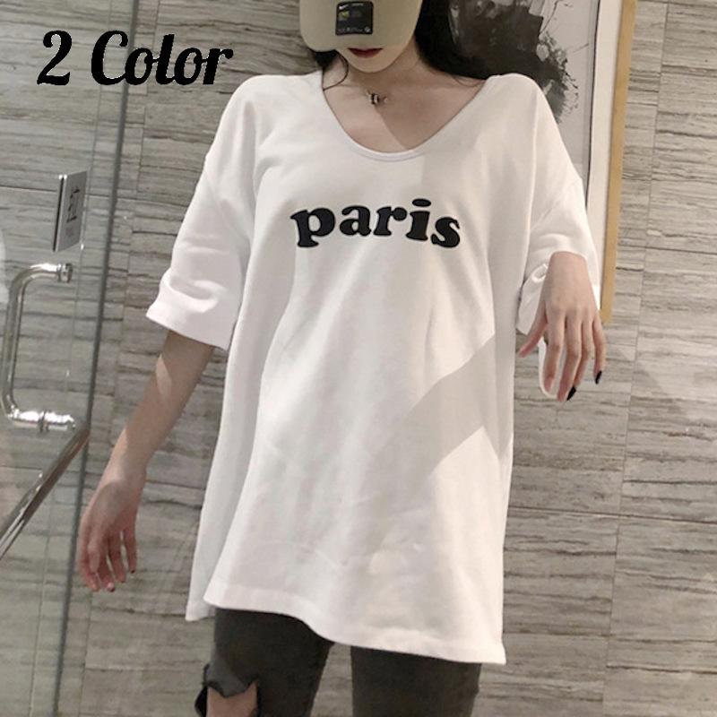 Tシャツ 七分袖 レディース トップス 夏 クルーネック ロング丈 英字ロゴ 白 グレー カジュアル ゆったり 定番 シンプル 可愛い おしゃれ 旅行 Top おとりよせ Com 通販 Yahoo ショッピング