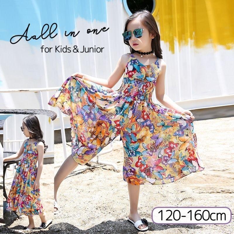 オールインワン ノースリーブ キッズ 子ども ジュニア 子供服 つなぎ 女の子 ツナギ ロングパンツ シフォン 透け感 花柄 フラワー ちょうちょ チ メーカー在庫限り品