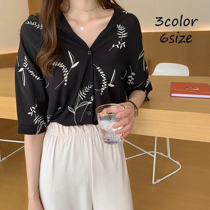 柄シャツ リーフ柄 長袖シャツ ブラウス 背中見せ ボタニカル柄 総柄 トップス オシャレ きれいめ Vネック オフィス Top おとりよせ Com 通販 Yahoo ショッピング