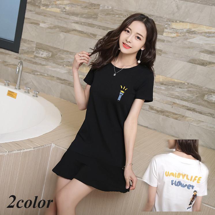 ワンピース Tシャツ 半袖 Tシャツワンピ レディース ミニワンピ ミニ丈 膝上 カットソーワンピ Tワンピ クルーネック 裾フリル ワンポイント バ Top おとりよせ Com 通販 Yahoo ショッピング