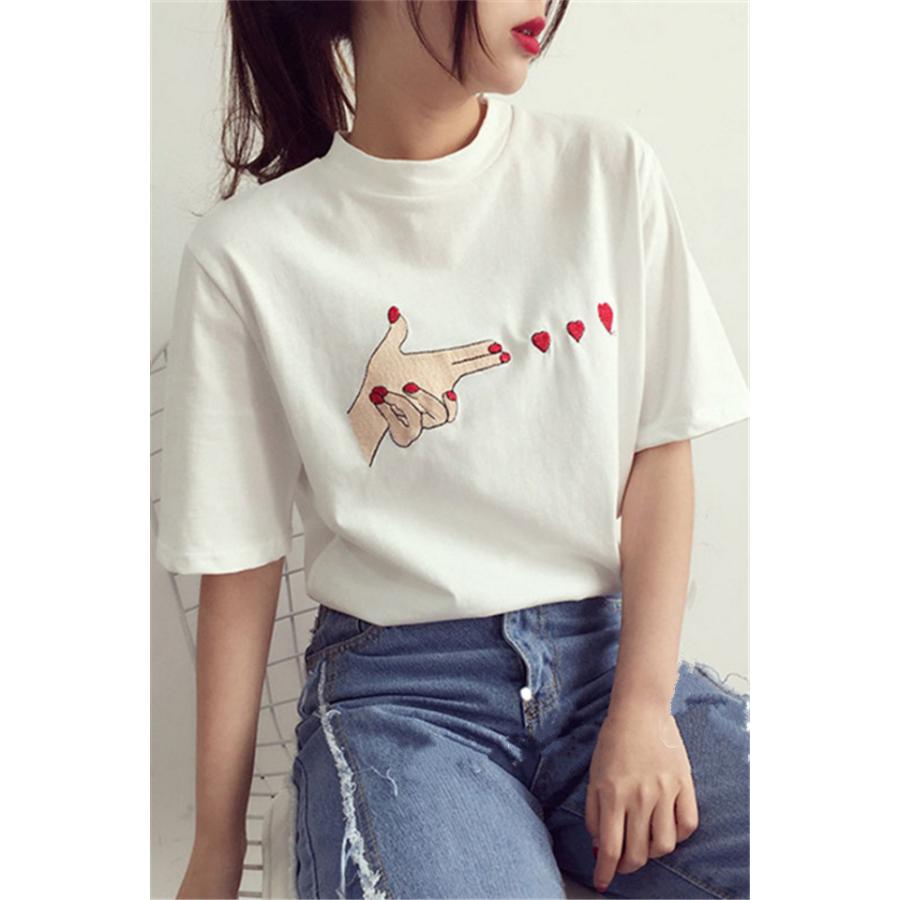 Tシャツ カットソー レディース 女性用 トップス 半袖 ラウンドネック 刺繍 ハート カジュアル おしゃれ かわいい 夏 婦人用 黒 白｜mignonlindo｜05