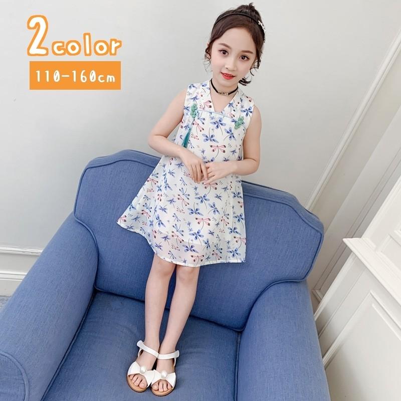 ワンピース ノースリーブ Vネック ワンピ 110 160cm キッズ 子供服 女の子 トンボ柄 アジアン 可愛い おしゃれ 夏服 Top おとりよせ Com 通販 Yahoo ショッピング