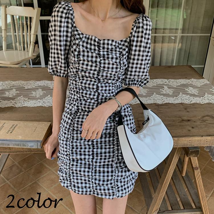 ワンピース レディース 半袖 ミニ丈 パフスリーブ バルーン袖 タイトスカート スクエアネック シャーリング ギンガム チェック柄 無地 モノトーン Top 214 おとりよせ Com 通販 Yahoo ショッピング