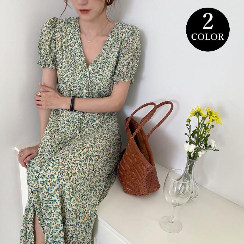 ワンピース レディース 夏服 半袖 Vネック ミディ丈 Aライン 花柄 シフォン ボタン 前開き レトロ カジュアル 可愛い おしゃれ お出かけ 旅行 Top おとりよせ Com 通販 Yahoo ショッピング
