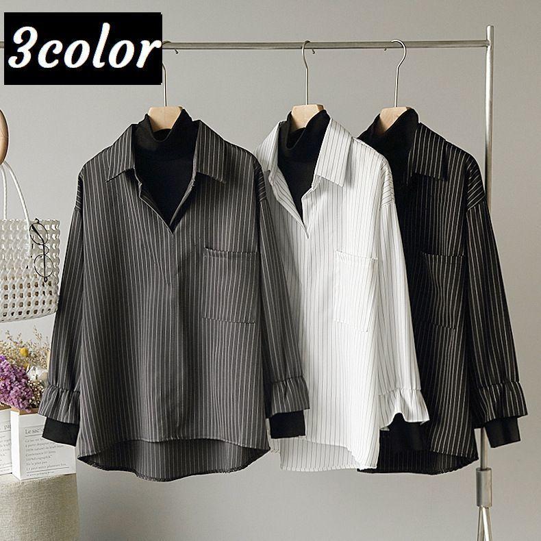 シャツ レディース 婦人服 トップス 長袖 襟付き ハイネック 前ボタン ストライプ柄 フェイクレイヤード 重ね着風 おしゃれ トラッド かっこいい Top おとりよせ Com 通販 Yahoo ショッピング