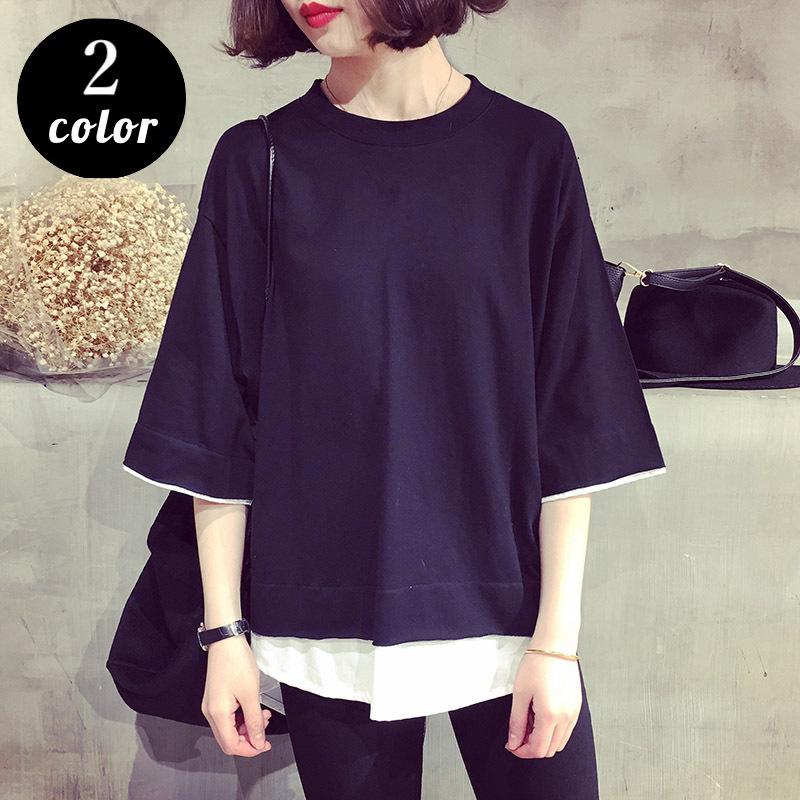 カットソー 五分袖 レディース 夏 トップス Tシャツ クルーネック 無地 重ね着風 カジュアル ゆったり シンプル 定番 お出かけ 部屋着 女の子 Top おとりよせ Com 通販 Yahoo ショッピング