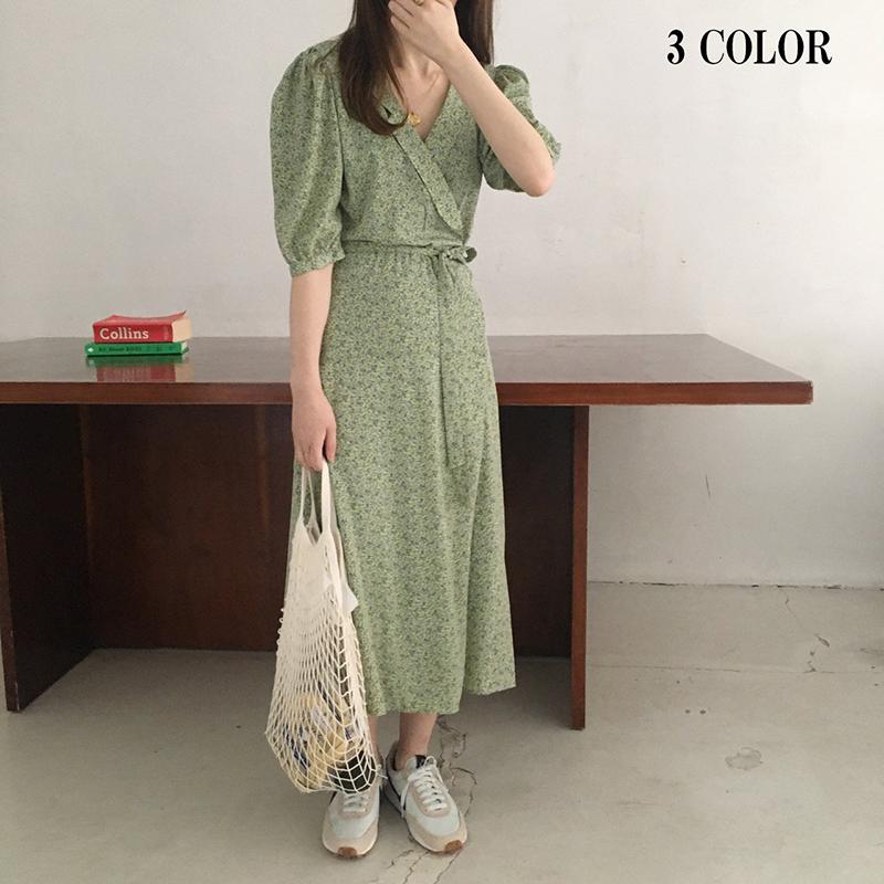 ワンピース カシュクールワンピース 五分袖 Vネック 襟 パフスリーブ 小花柄 フラワー 巻きスカート Aラインスカート ロング丈 かわいい きれい Top おとりよせ Com 通販 Yahoo ショッピング