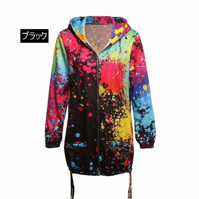 長袖パーカー トップス ジップアップ レディース 絵具 ペイント プリント かわいい カジュアル おしゃれ フード付き ポケット ロング丈 長め 派手 Top おとりよせ Com 通販 Yahoo ショッピング