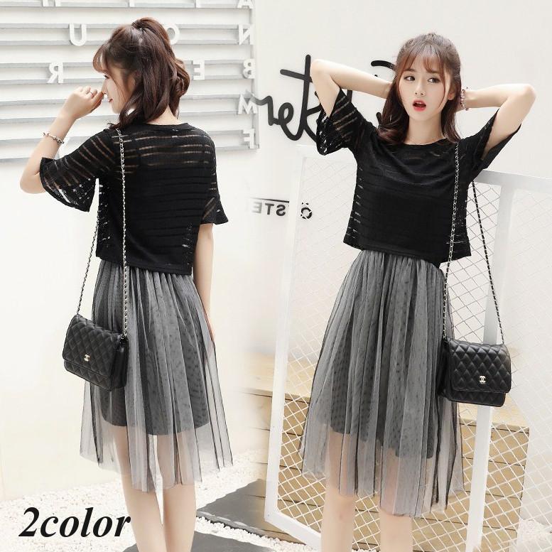 ワンピース Tシャツ 2点セット セットアップ レディース 半袖 チュールスカート シースルー トップス スカート 膝丈 膝上 キャミワンピ 袖フレア Top 297 おとりよせ Com 通販 Yahoo ショッピング