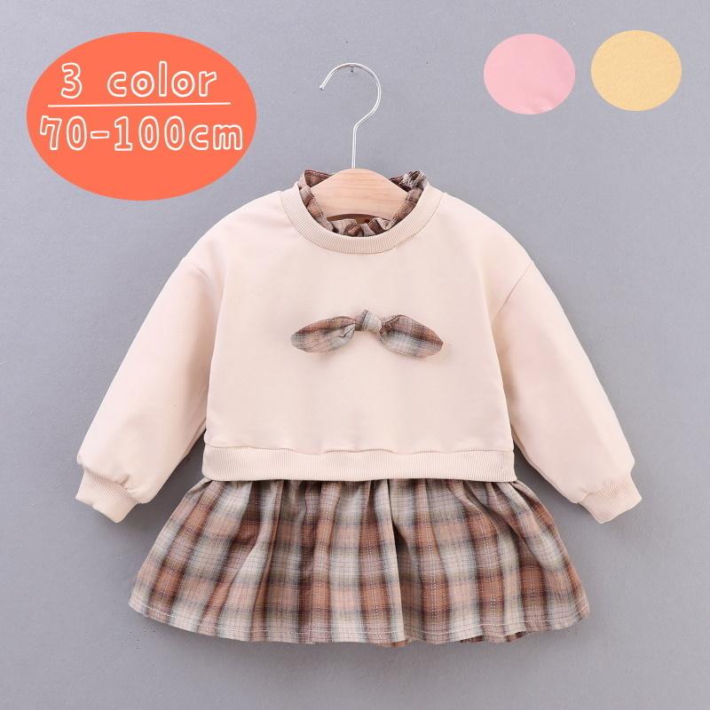長袖ワンピース ベビー 赤ちゃん キッズ 女の子 重ね着風 トレーナー フレアスカート チェック リボン かわいい おしゃれ ガーリー お出かけ キュ Top おとりよせ Com 通販 Yahoo ショッピング