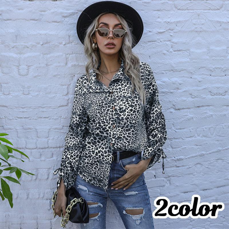 シャツ ブラウス レディース 婦人服 トップス 長袖 襟付き 前ボタン ヒョウ柄 袖紐付き アニマルプリント おしゃれ かっこいい かわいい Top おとりよせ Com 通販 Yahoo ショッピング
