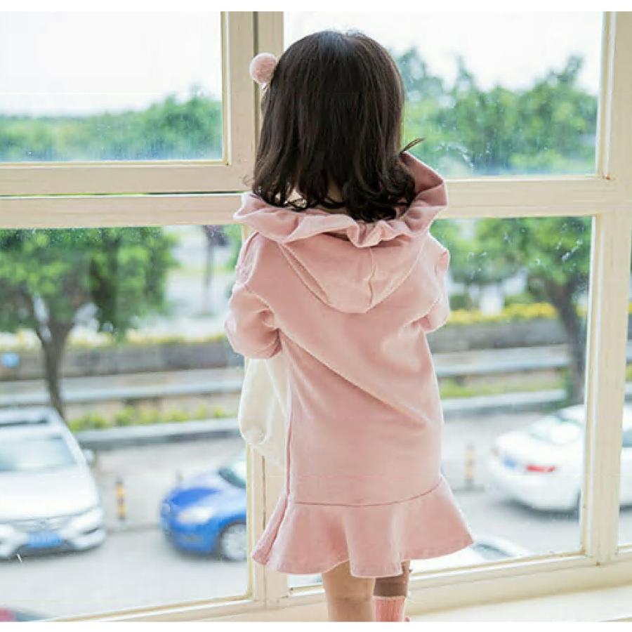 パーカーワンピース ミニワンピース 長袖 フード付き ミニ丈 ショート丈 子供服 キッズ スウェット スエット 裾フレア フリル 英字刺繍 シンプル Top おとりよせ Com 通販 Yahoo ショッピング