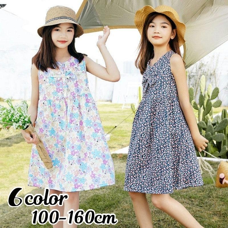 ワンピース 子供服 キッズ ジュニア 女の子 ノースリーブ 袖なし リボン ウェストギャザー ラウンドネック 膝丈 フラワープリント 花柄 かわいい ご予約品