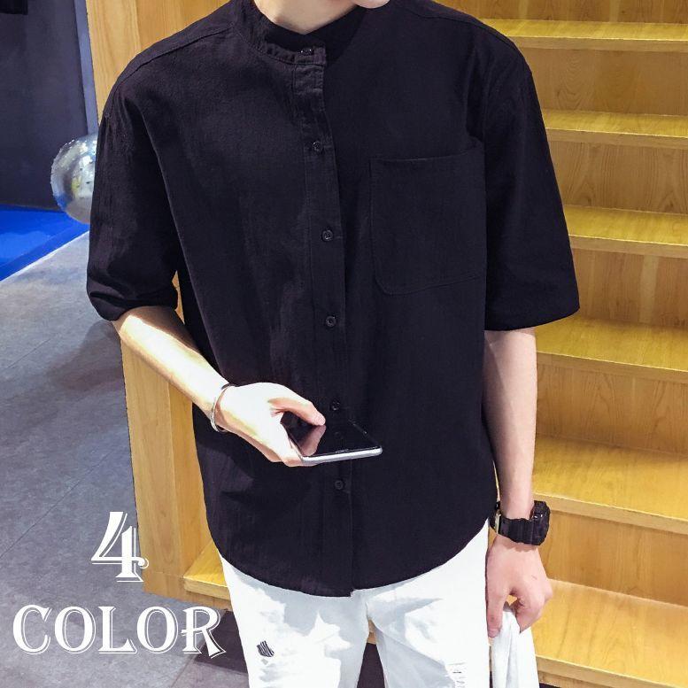 5分袖シャツ 半袖シャツ ノーカラーシャツ メンズ 男性用 トップス クールビズ 夏 無地 シンプル 襟なし 衿なし 定番 ベーシック きれいめ 上品 Top おとりよせ Com 通販 Yahoo ショッピング