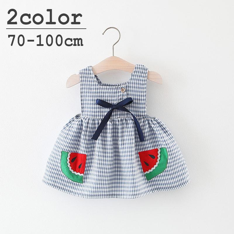ワンピース 子供服 子供用 女の子 ベビー キッズ ノースリーブ スクエアネック チェック柄 スイカ フレアスカート お出かけ おしゃれ かわいい 果 Top おとりよせ Com 通販 Yahoo ショッピング