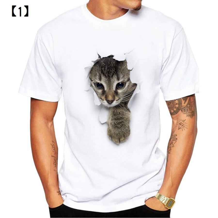 Tシャツ 半袖 クルーネック トリックアート 猫 ラウンドネック