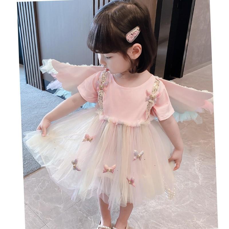 ワンピース 子供服 キッズ ベビー 女の子 半袖 膝丈 チュールレース メッシュ ギャザー 蝶 モチーフ バタフライ 天使の羽付き レインボーカラー Top おとりよせ Com 通販 Yahoo ショッピング
