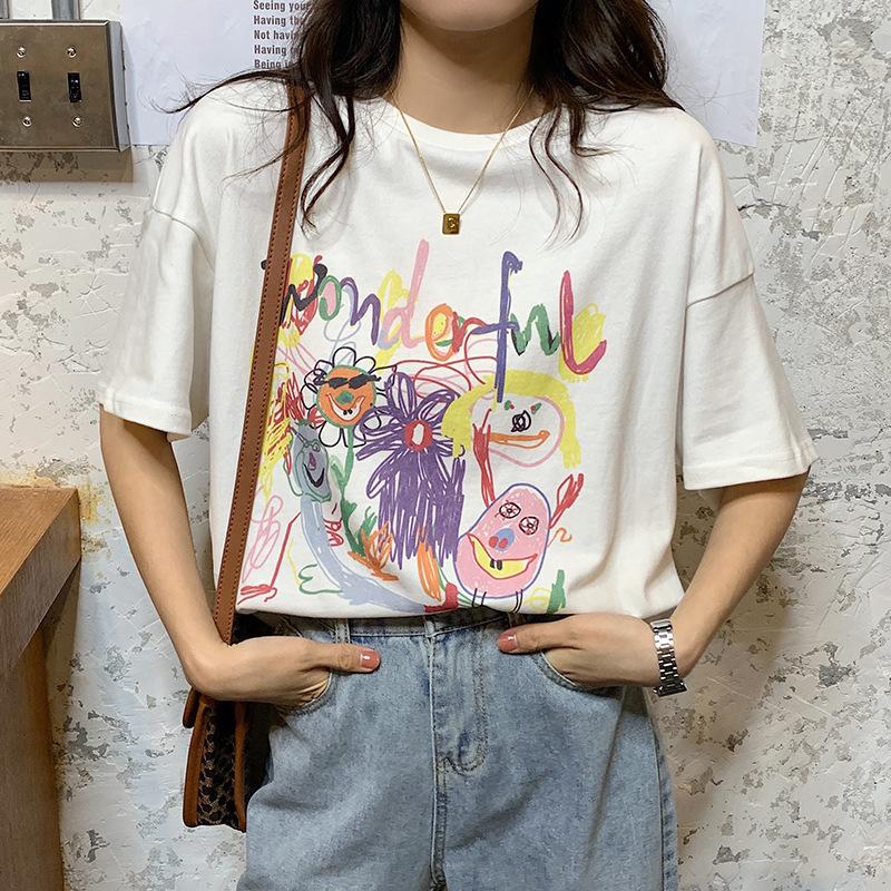 Tシャツ カットソー レディース 女性用 トップス 半袖 ラウンドネック ビッグシルエット オーバーサイズ ビッグT プリント カラフル カジュアル｜mignonlindo｜03