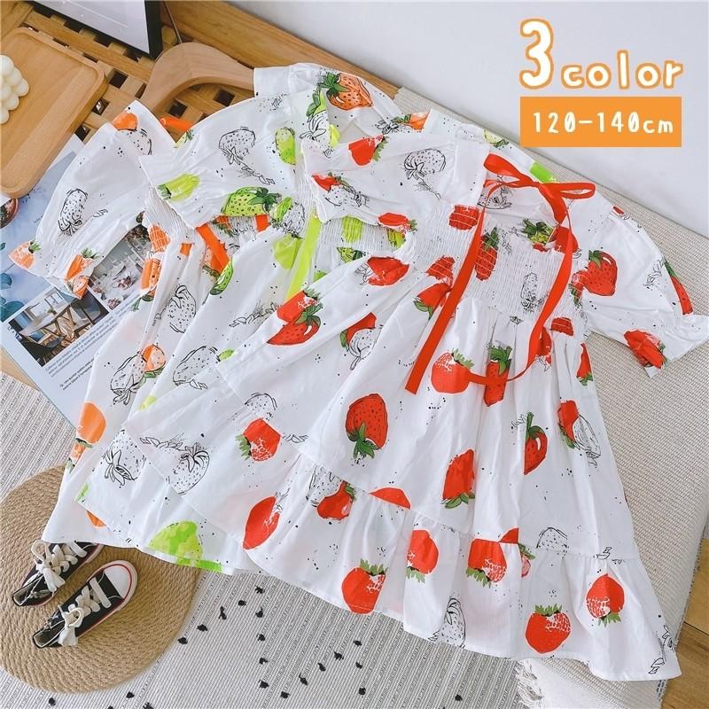 ワンピース ワンピ トップス キッズ 子供服 こども 女の子 フルーツ柄 スクエアネック パフスリーブ リボン かわいい おしゃれ 1 130 1 Top おとりよせ Com 通販 Yahoo ショッピング