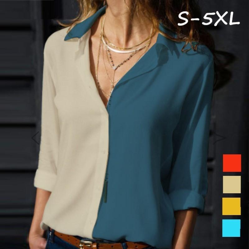 シャツ 長袖 バイカラー アシメカラー ブラウス ワイシャツ Vネック レディース シフォン 前開き ボタン トップス 7分袖 きれいめ 派手 Top おとりよせ Com 通販 Yahoo ショッピング
