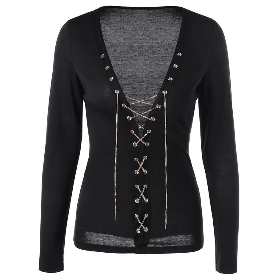カットソー レディース 女性用 トップス 長袖 Vネック 編み上げ レースアップ チェーン 無地 クール セクシー おしゃれ 個性的 かっこいい 秋服 Top おとりよせ Com 通販 Yahoo ショッピング
