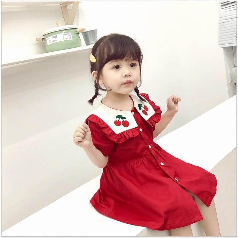 ワンピース キッズ 女の子 パフスリーブ 半袖 ボックスカラー 襟付き フリル フレア 膝丈 さくらんぼ 刺繍 前ボタン前開き ガーリー 可愛い 赤 Top おとりよせ Com 通販 Yahoo ショッピング